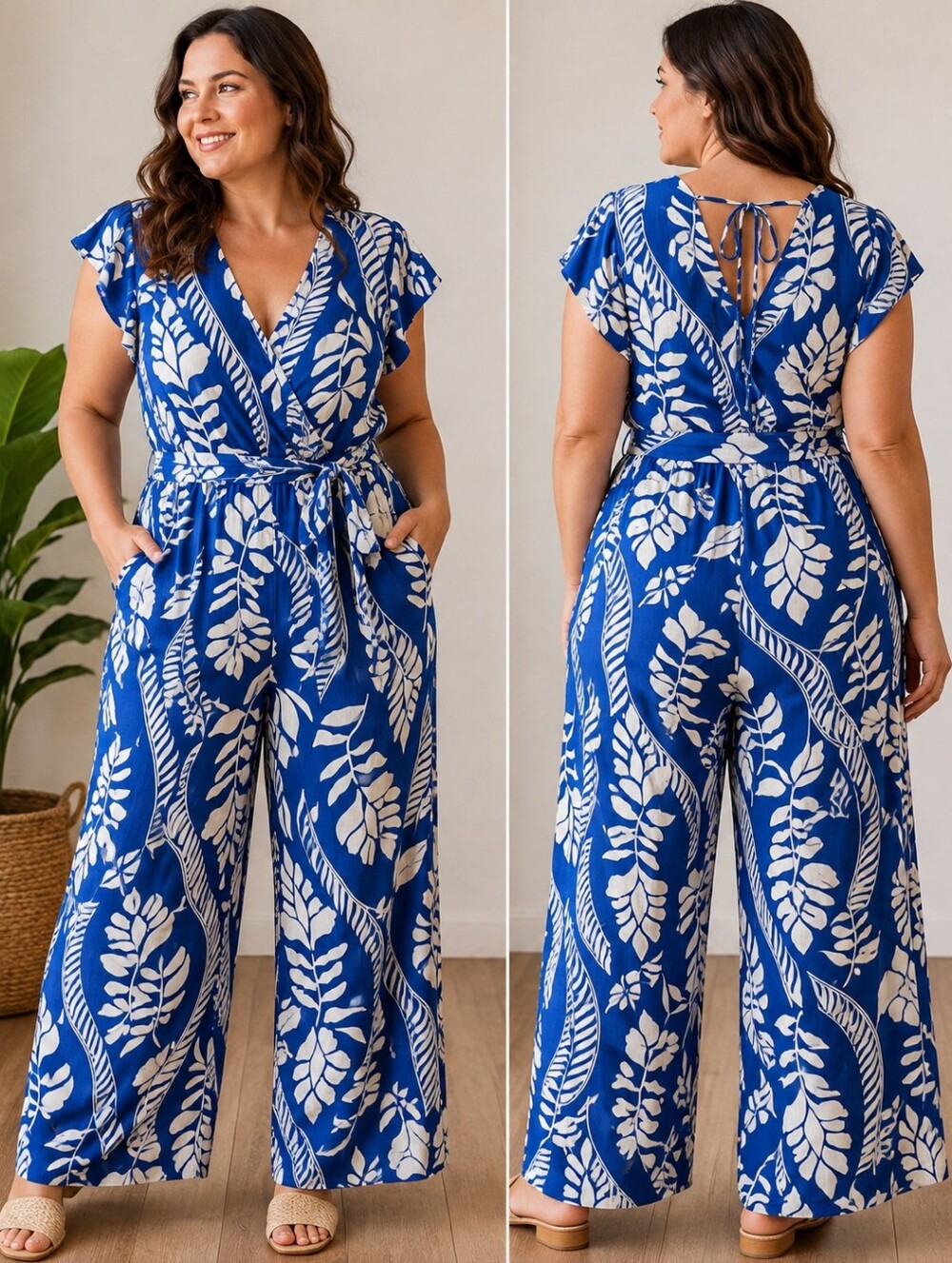 bloomchic 12 L blue white tropical floral maxi jumpsuit dress nwt